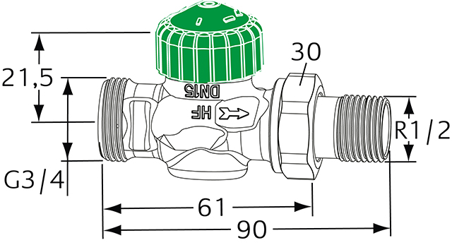 Heimeier Thermostat-Ventilunterteil Eclipse 300, Durchgang, DN15 Außengewinde G3/4 3956-02.000