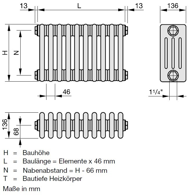 Zehnder Röhrenradiator Charleston Austausch 4-Säuler H: 106,6 L: 101,2cm, Modell 4107-22, weiß ZC344022B101000