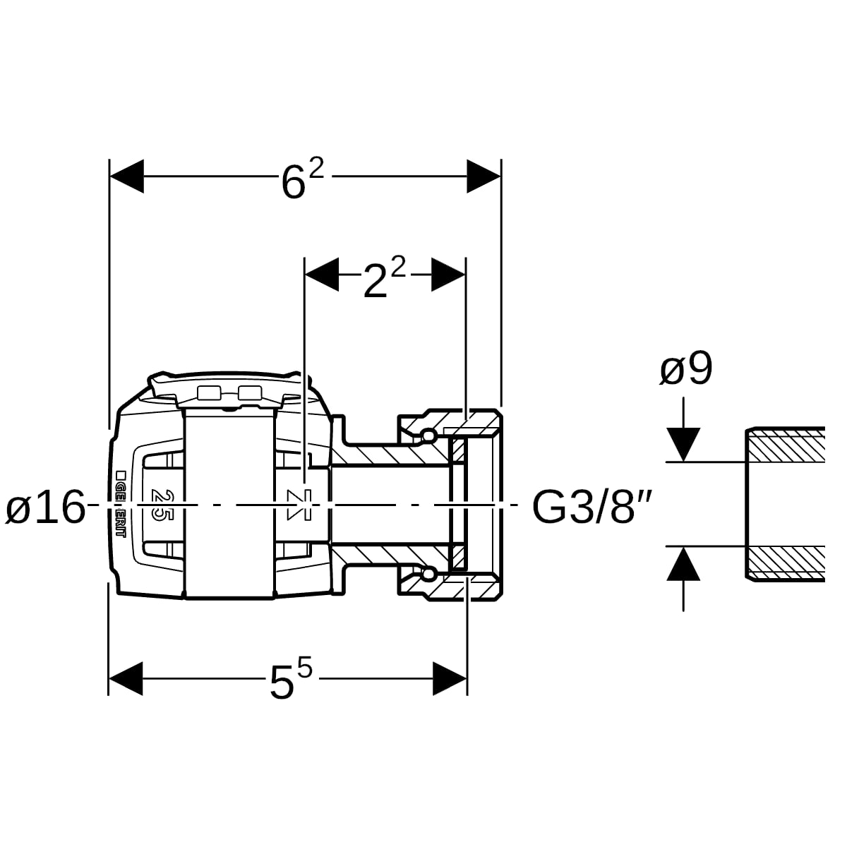 Geberit FlowFit Übergang mit Überwurfmutter SiBr d16-G3/8 620.620.00.1