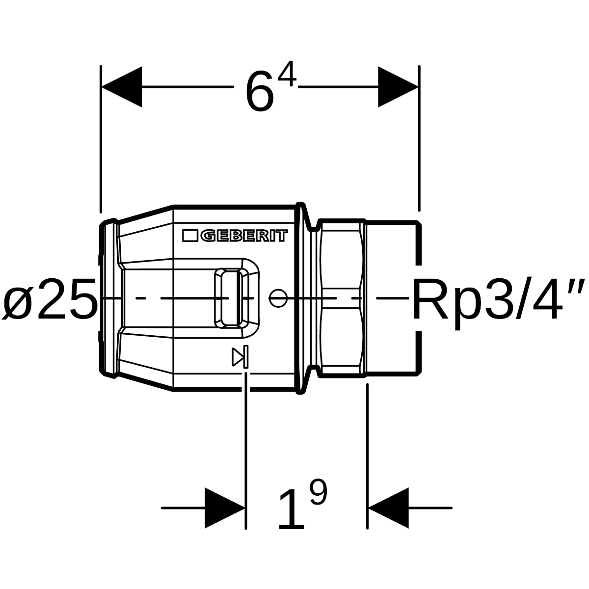 Geberit PushFit Übergang mit IG Messing d25-Rp3/4 652.562.00.1