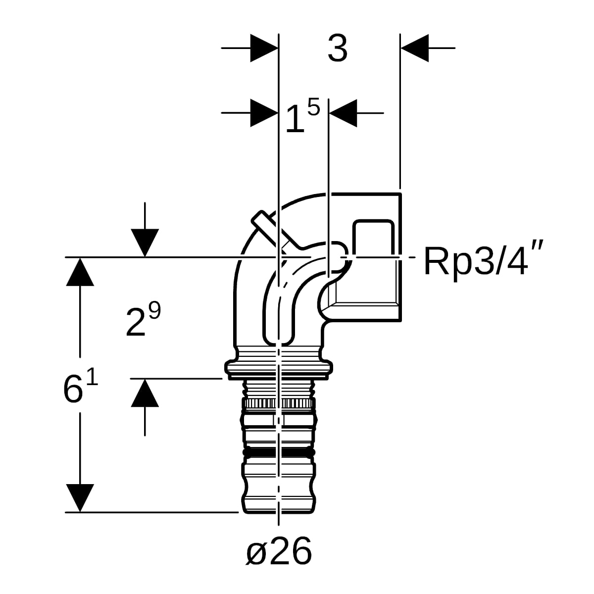 Geberit Mepla Übergangsbogen 90 Grad mit IG Rotguss d26-Rp3/4 603.257.00.5