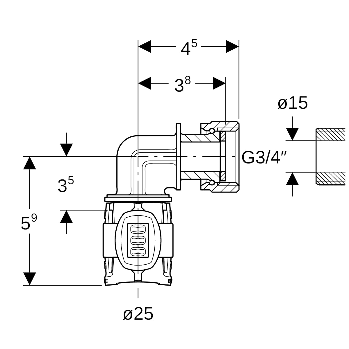 Geberit FlowFit Übergangsbogen 90 Grad mit Überwurfmutter, SiBr d25-G3/4 620.693.00.1