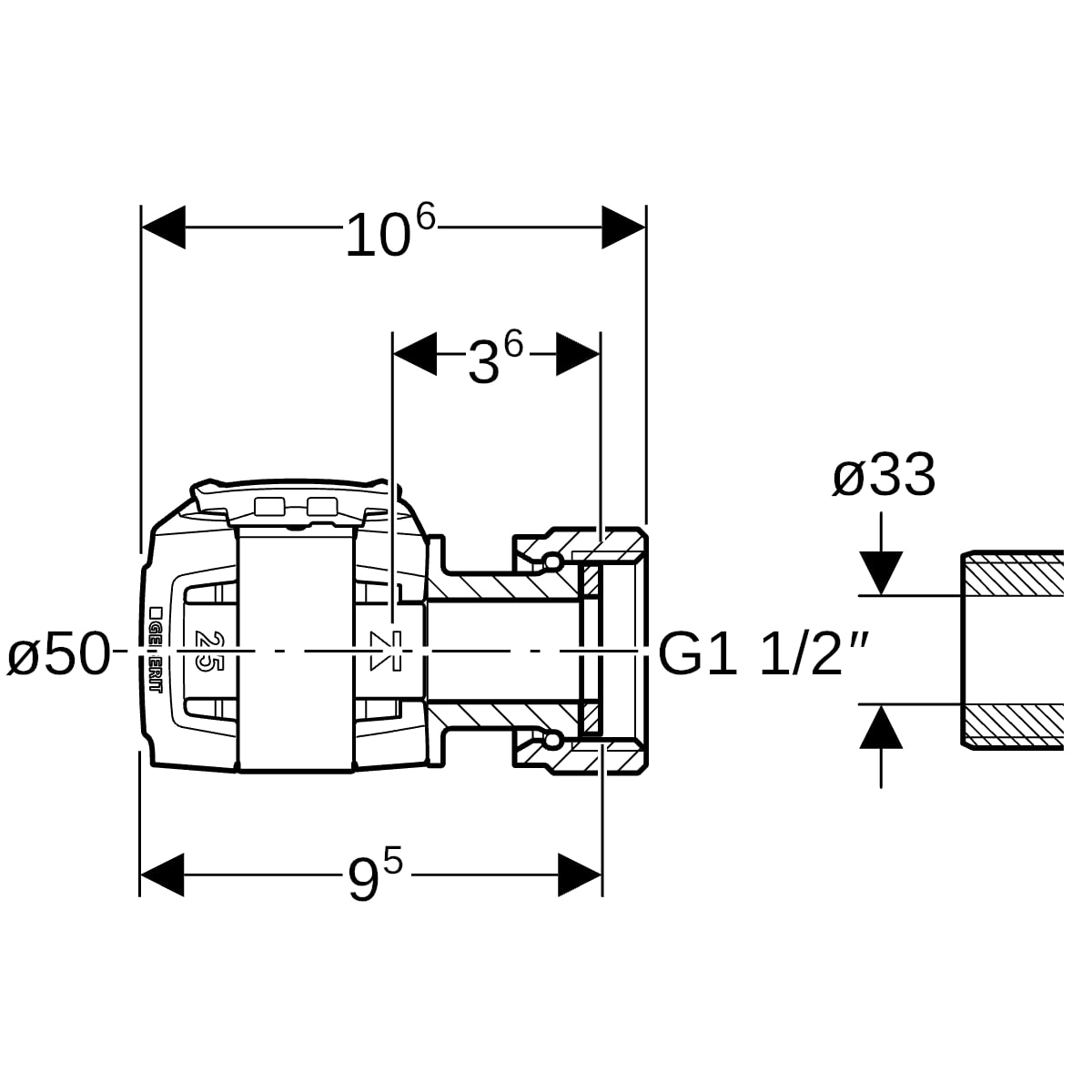 Geberit FlowFit Übergang mit Überwurfmutter SiBr d50-G1 1/2 620.625.00.1