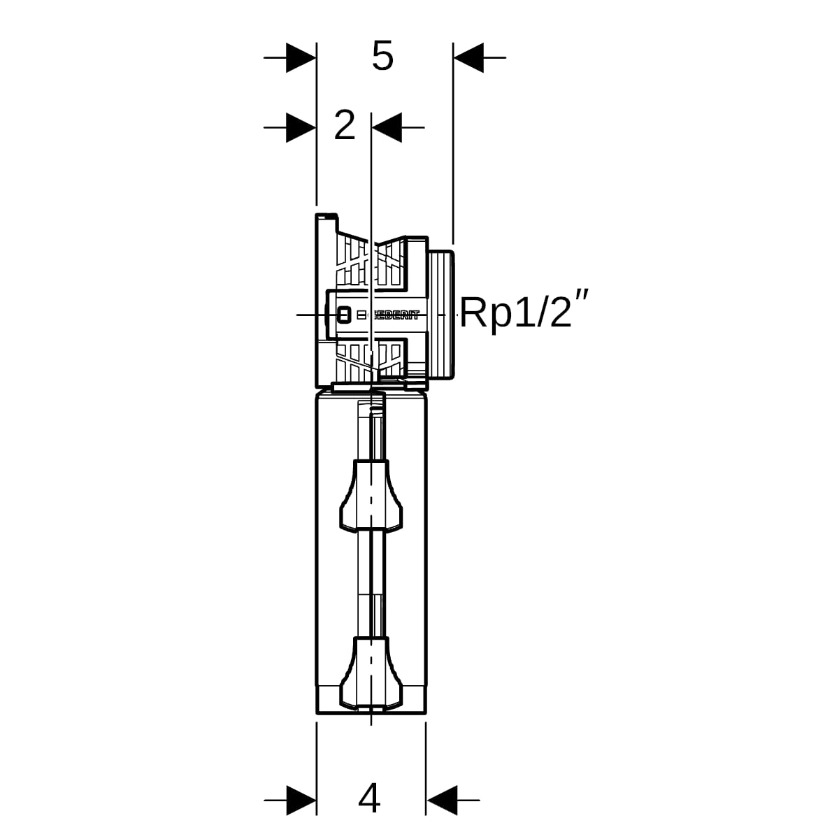 Geberit PushFit Doppelanschlussdose 90 Grad mit Schnellkupplung Rotguss/Messing d16-20-Rp1/2 652.485.00.3