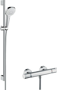Hansgrohe Brausesystem Aufputz Croma Select E Vario mit Ecostat Comfort Thermostat und Brausestange 900mm, Weiß/Chrom 27082400