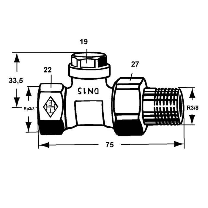 Heimeier Regulux Verschraubung 3/8" Durchgang DN10, mit Entleerung 0352-01.000