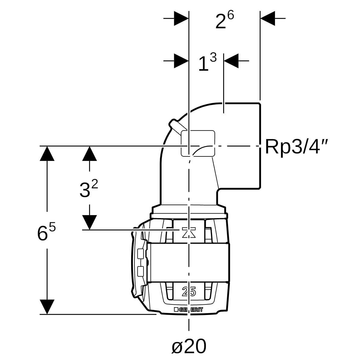 Geberit FlowFit Übergangsbogen 90 Grad mit IG Rg+ 90 Grad d20-Rp3/4 620.551.00.1