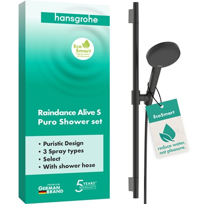 Hansgrohe Brauseset Raindance Alive Select S 125 3jet EcoSmart mit Brausestange Unica S Puro 650mm, Brushed Black Chrome 24602340