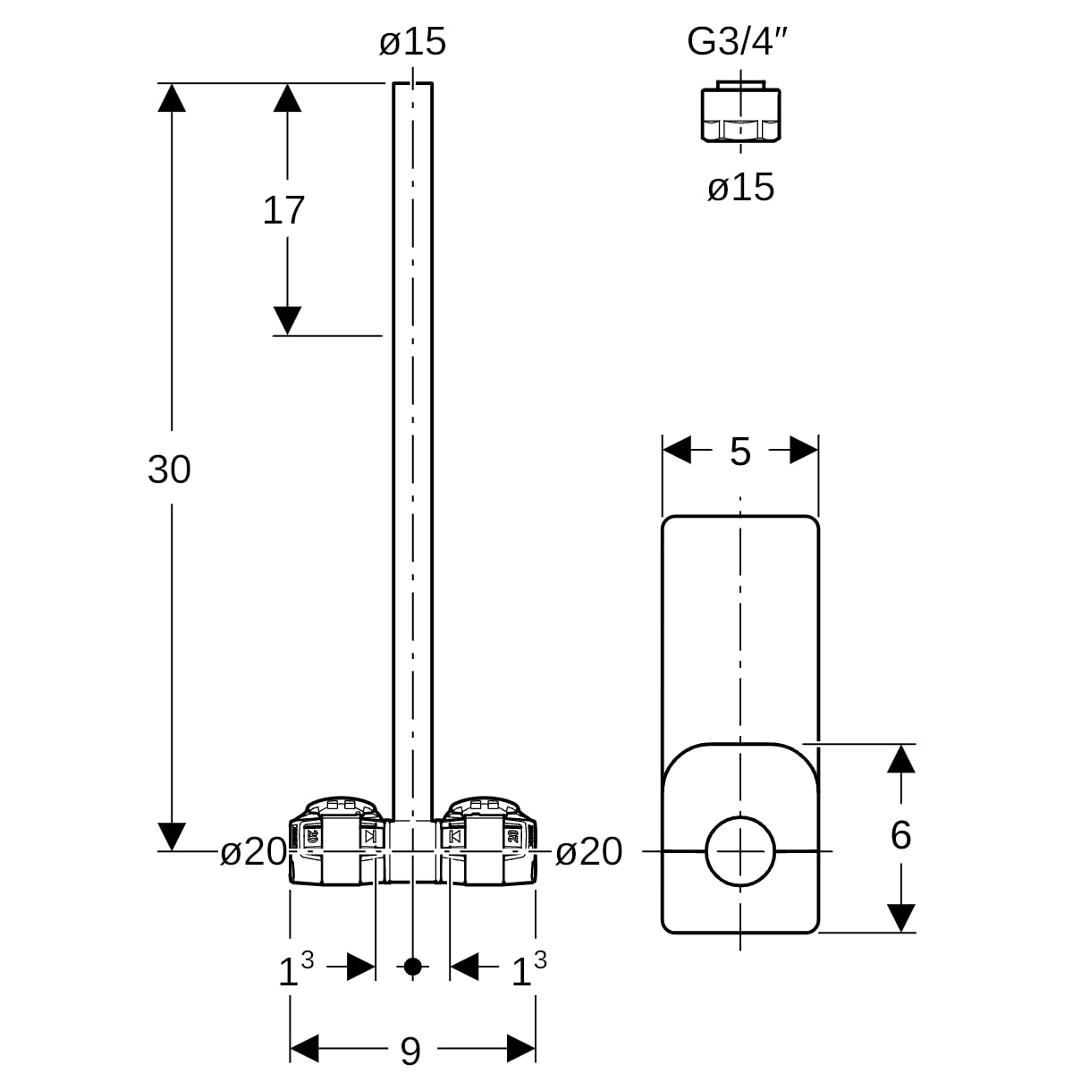 Geberit FlowFit Metallrohr-Anschluss-T-Stück mit Anschlussverschraubung SiBr/Cu d20-d15-d20 619.421.22.1