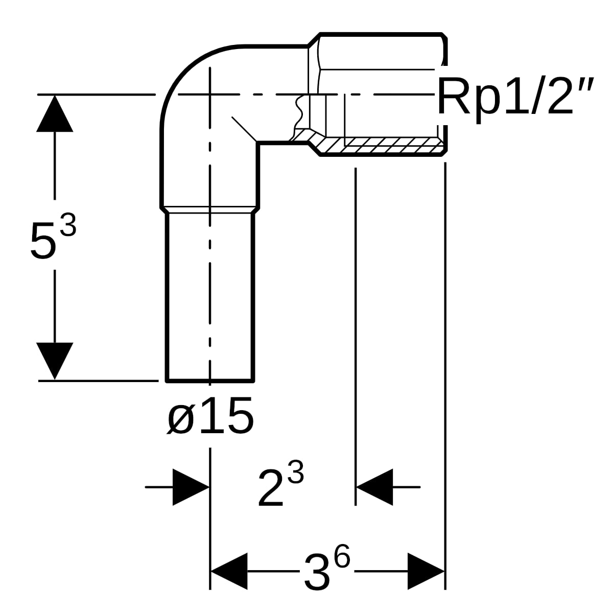 Geberit Mapress Edelstahl Übergangswinkel 90 Grad mit IG und Einschubende d15-Rp1/2 33203