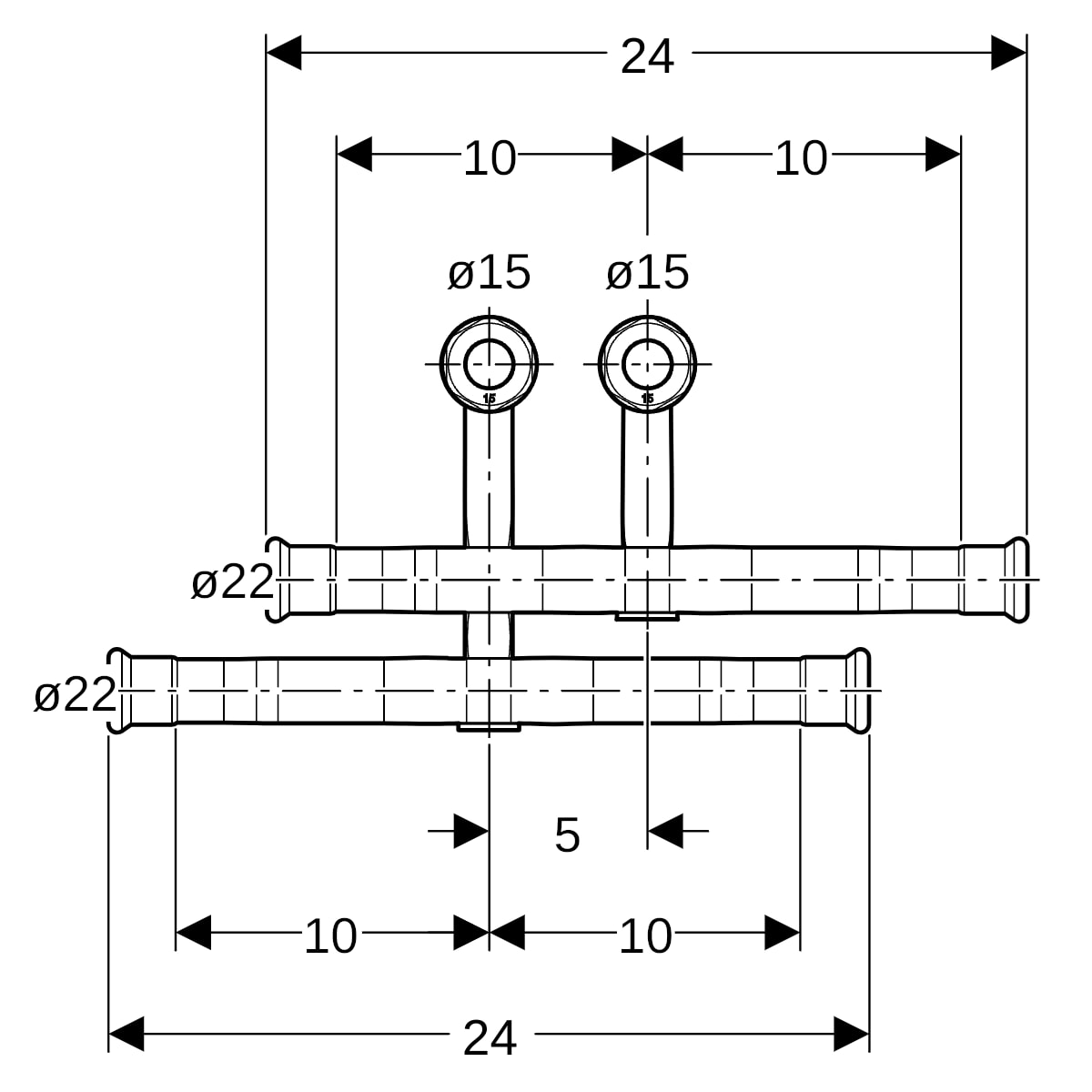 Geberit Mapress C-Stahl Set Anschluss-T-Stück für Vorlauf/Rücklauf Anschlussverschraubung d22-15 24047