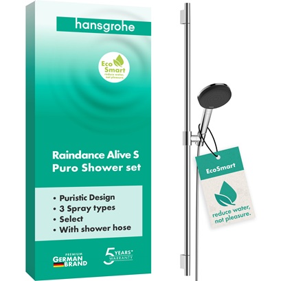 Hansgrohe Brauseset Raindance Alive Select S 125 3jet EcoSmart mit Brausestange Unica S Puro 900mm, Chrom 24603000