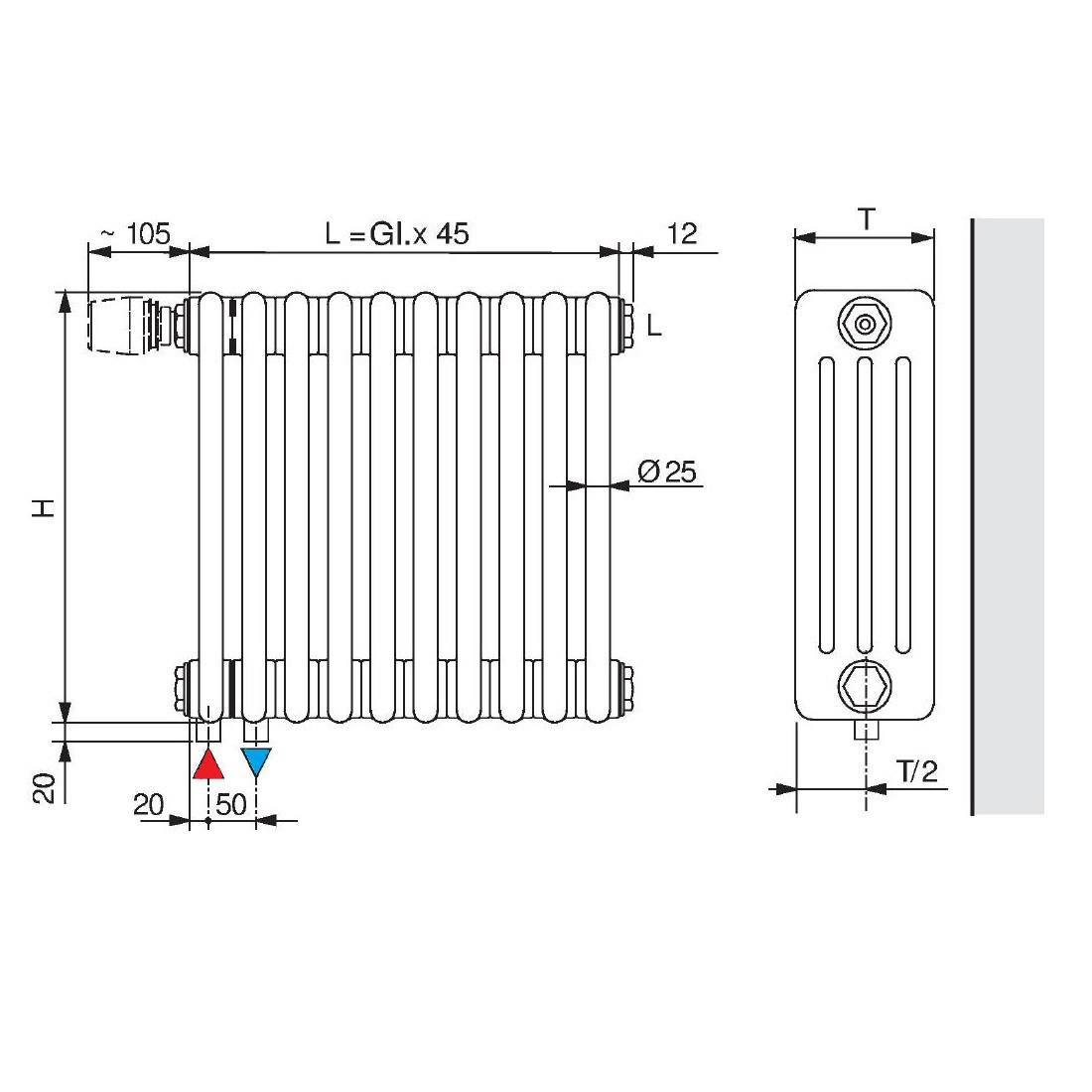 Arbonia Ventil-Röhrenradiator Standard 6-Säuler H: 150 L: 45cm, Modell 6150, weiß, 10 Glieder