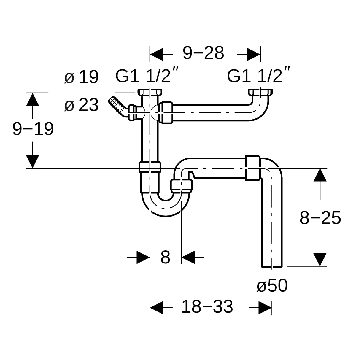 Geberit Rohrbogengeruchsverschluss für zwei Spülbecken Abgang vertikal d50 152.553.11.1
