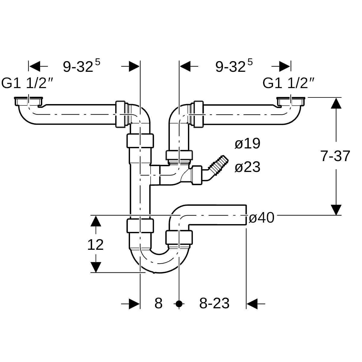 Geberit Rohrbogengeruchsverschluss für zwei Spülbecken Abgang horizontal G1 1/2x40 152.886.11.1