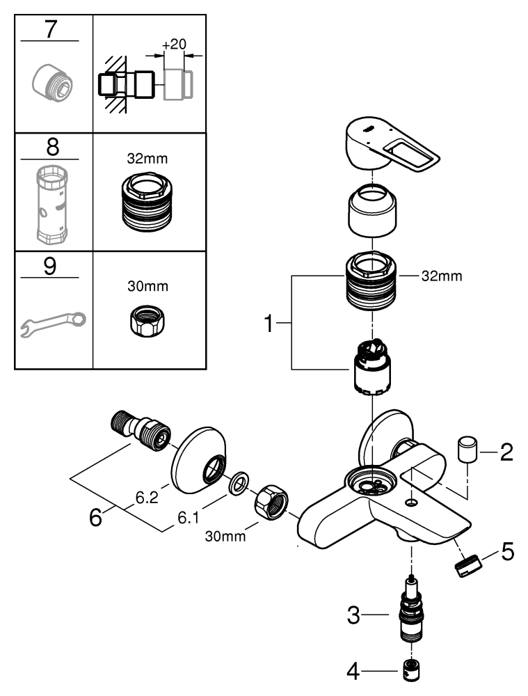 Grohe BauLoop Einhand-Wannenbatterie chrom Wandmontage eigensicher 23602001