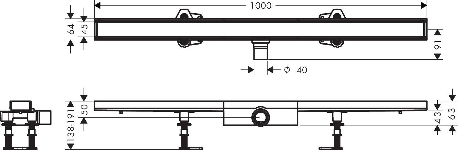 Hansgrohe Komplettset RainDrain Compact 1000mm befliesbar für flache Installation 56171000