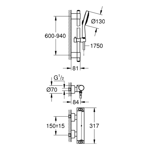 Grohe Grohtherm 2000 Thermostat-Brausebatterie chrom mit Brausegarnitur Power&Soul 34482001