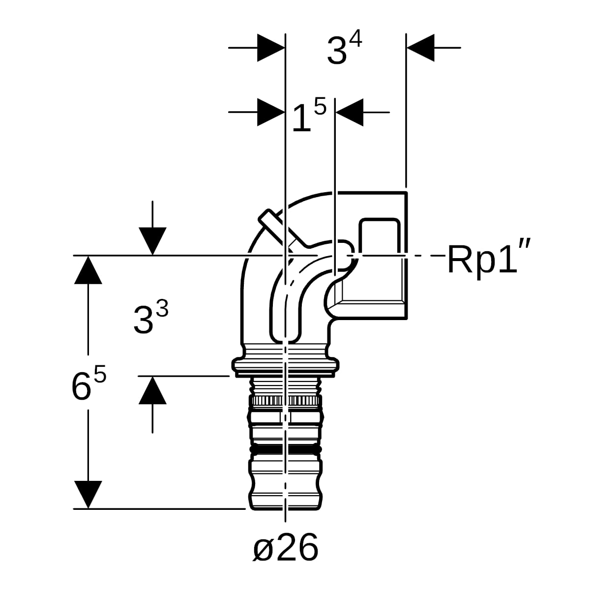 Geberit Mepla Übergangsbogen 90 Grad mit IG Rotguss d26-Rp1 603.258.00.5
