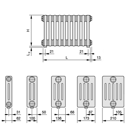 Zehnder Anschlussart 5310, unten rechts links für Charleston, Anschluss 2-Rohr mit externem Ventil 5310