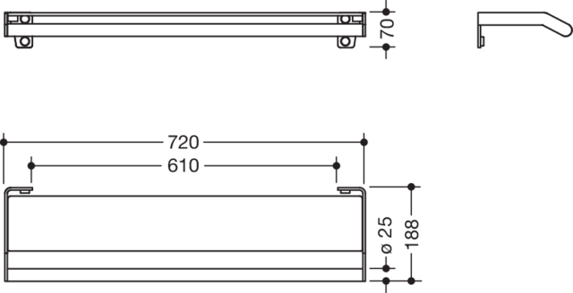 HEWI Ablage mit Haltegriff System 900, Edelstahl, Glasplatte, weiß, 720mm breit, 188mm tief 900.03.000XA
