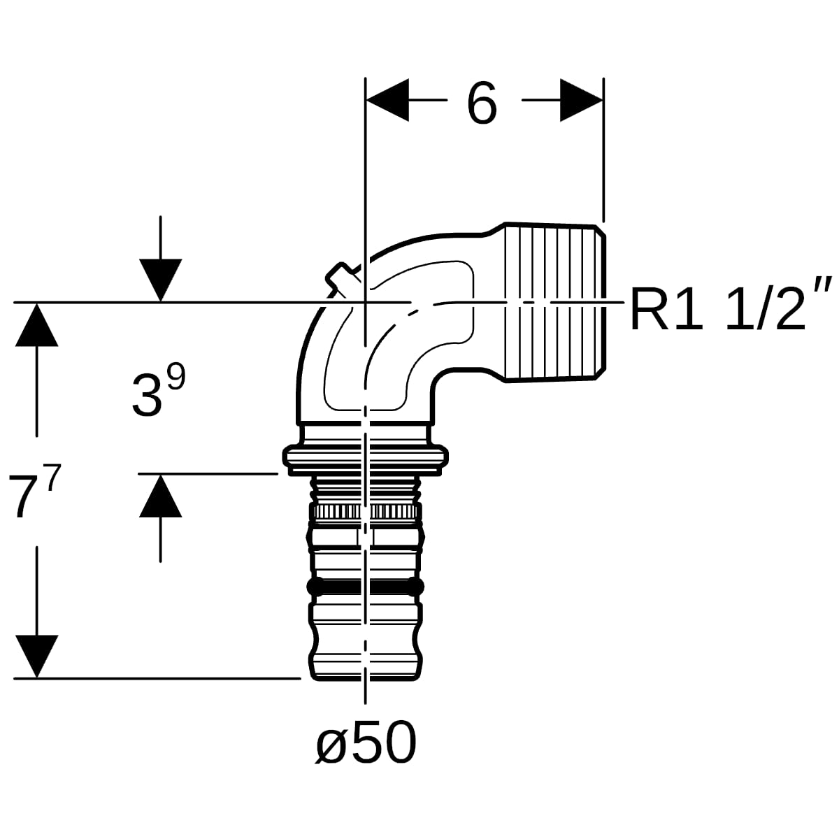 Geberit Mepla Übergangsbogen 90 Grad mit AG Rotguss d50-R1 1/2 606.255.00.5