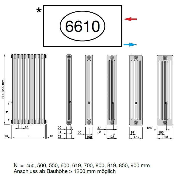 Zehnder Anschlussart 6610, Anschluss rechts für Charleston, Nabenabstand wählbar 6610