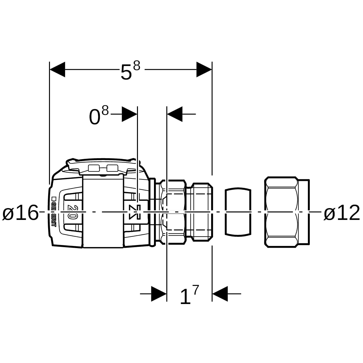 Geberit FlowFit Übergang mit Klemmringverschraubung SiBr d16-d12 620.680.00.1
