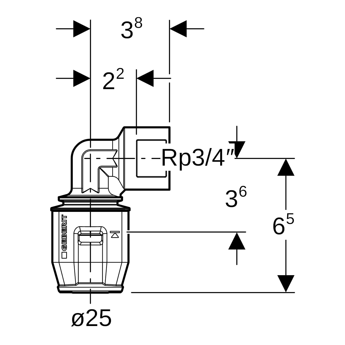 Geberit PushFit Übergangsbogen 90 Grad mit IG Rotguss d25-Rp3/4 652.252.00.1