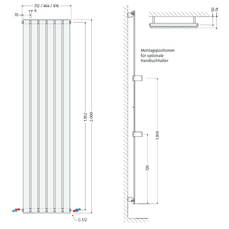 HSK Badheizkörper Alto H: 2000 L: 616 mm, weiß 8646200-04