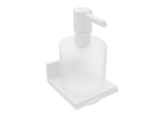 HEWI Seifen-oder Desinfektionsspender mit Halter, Metall, Seifenspender Kristallglas, satiniert, Pumpenkopf weiß tiefmatt 900Q06.00060 DX