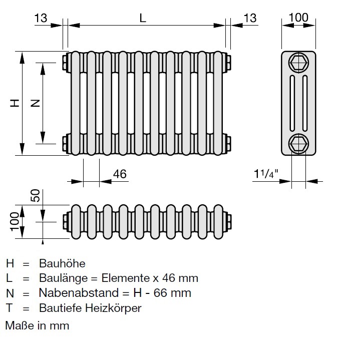 Zehnder Röhrenradiator Charleston 3-Säuler H: 220 L: 101,2cm, Modell 3220-22, weiß ZC134622B129000