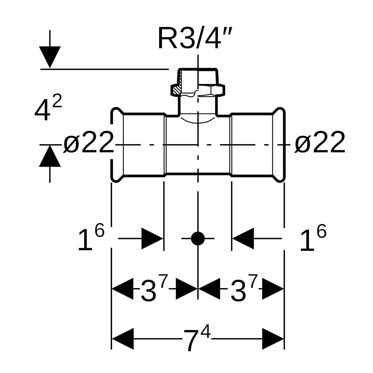 Geberit Mapress Edelstahl T-Stück mit AG (LABS-frei) d22-R3/4-22 81458