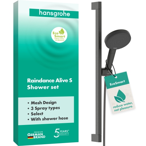 Hansgrohe Brauseset Raindance Alive Select S 125 3jet EcoSmart mit Brausestange Unica E Puro 650mm und Easy Slide Brausehalter, Brushed Black Chrome 24600340