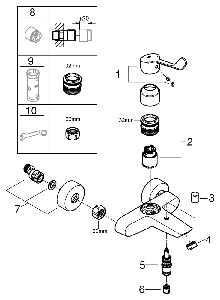 Grohe Eurosmart Einhand-Wannenbatterie chrom Wandmontage langer Hebel 25243003