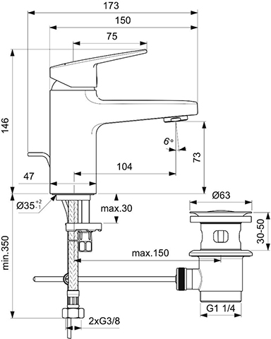 Ideal Standard Waschtischarmatur Ceraplan H75 Ausladung 103mm mit Ablaufgarnitur Idealfix chrom BD274AA