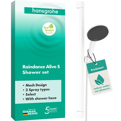 Hansgrohe Brauseset Raindance Alive Select S 125 3jet EcoSmart mit Brausestange Unica E Puro 650mm und Easy Slide Brausehalter, Mattweiß 24600700