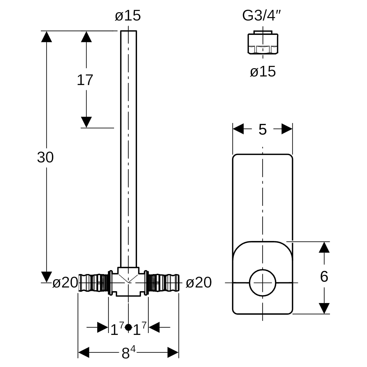 Geberit Mepla Metallrohr-Anschluss-T-Stück mit Anschlussverschraubung d20-15-20 612.362.22.7