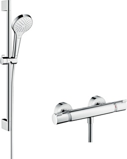 Hansgrohe Brausesystem Aufputz Croma Select S Vario mit Ecostat Comfort Thermostat und Brausestange 650mm, Weiß/Chrom 27013400