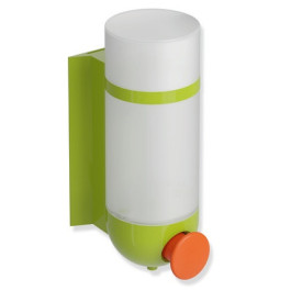 HEWI Seifenspender, Wandsockel und Halterung apfelgrün, Drucktaste koralle, Behälter und Deckel, matt weißem transparentem Kunststoff, 500ml, 477.06.11015