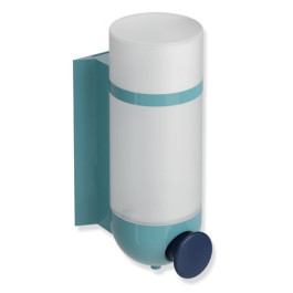 HEWI Seifenspender, Wandsockel und Halterung aquablau, Drucktaste stahlblau, Behälter und Deckel, matt weißem transparentem Kunststoff, 500ml, 477.06.11025