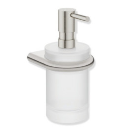 HEWI Seifenspender mit Halter, Halter aus Edelstahl, Seifenspender aus Kristallglas, Pumpenkopf aus Edelstahl, ca. 200ml 480.06.002XA