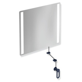 HEWI LED-Kippspiegel basic der Serie 801, Verbundspiegel mit eingearbeitetem Splitterschutz, Halteelemente und Kurbel aus Polyamid, rechteckig, mit integrierter LED-Beleuchtung rechts und links, stahlblau 801.01.400 50