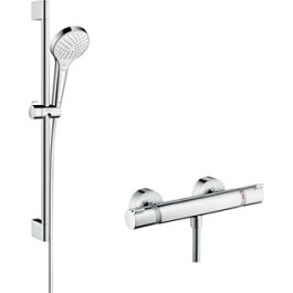 Hansgrohe Brausesystem Aufputz Croma Select S Vario mit Ecostat Comfort Thermostat und Brausestange 650mm, Weiß/Chrom 27013400