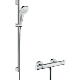 Hansgrohe Brausesystem Aufputz Croma Select E Vario mit Ecostat Comfort Thermostat und Brausestange 900mm, Weiß/Chrom 27082400