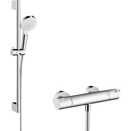 Hansgrohe Crometta Brausesystem Aufputz Vario mit Ecostat 1001 CL Thermostat und Brausestange 650mm, Weiß/Chrom 27812400