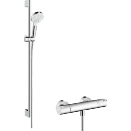 Hansgrohe Crometta Brausesystem Aufputz Vario mit Ecostat 1001 CL Thermostat und Brausestange 900mm, Weiß/Chrom 27813400