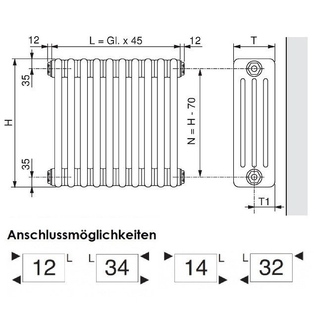 Arbonia Röhrenradiator  Röhrenheizkörper 2 Säuler Anschlusstechnik 34 