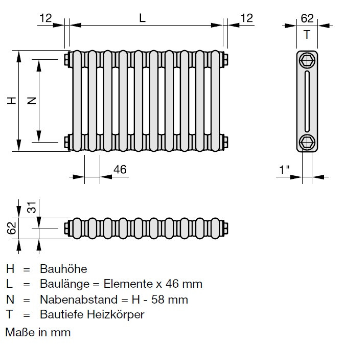 Zehnder Röhrenradiator Charleston 2-Säuler H: 180 L: 64,4cm 