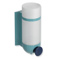 HEWI Seifenspender, Wandsockel und Halterung aquablau, Drucktaste stahlblau, Behälter und Deckel, matt weißem transparentem Kunststoff, 500ml, 477.06.11025
